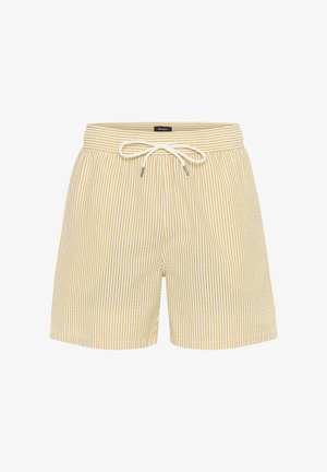 Gele en witte verticaal gestreepte casual shorts met een elastische tailleband en een witte trekkoord aan de voorkant.