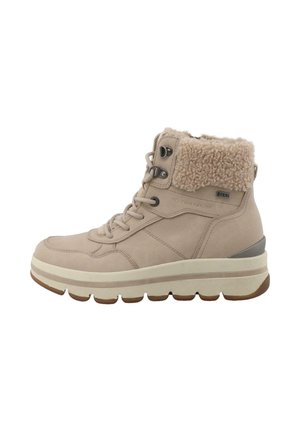 Stivaletto beige con fodera in tessuto, chiusura con lacci e colletto in finta pelliccia. Suola spessa con finitura testurizzata e dettaglio argento sul tallone.