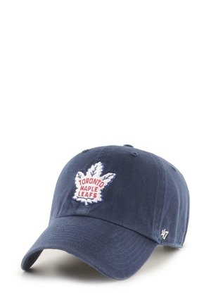 Navy blue cotton cap with a rounded visor and embroidered white and red Toronto Maple Leafs logo featuring a leaf design. Size adjustable strap.