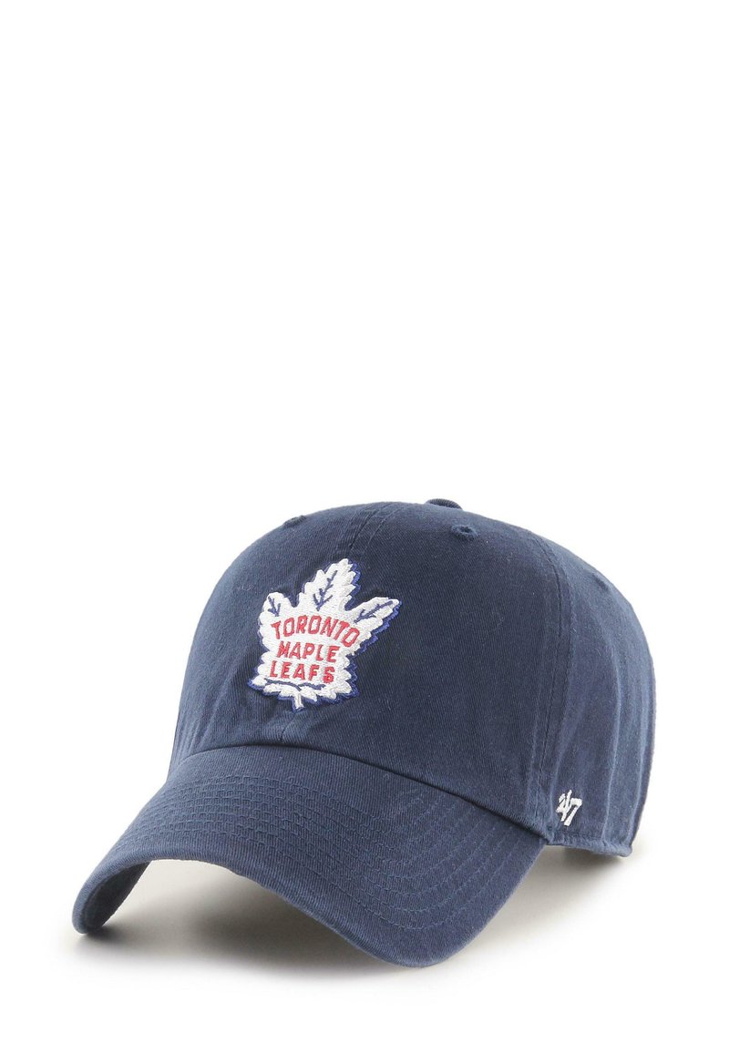 Marineblaue Baumwollkappe mit rundem Schirm und gesticktem weißen und roten Toronto Maple Leafs-Logo mit einem Blattdesign. Verstellbarer Riemen.
