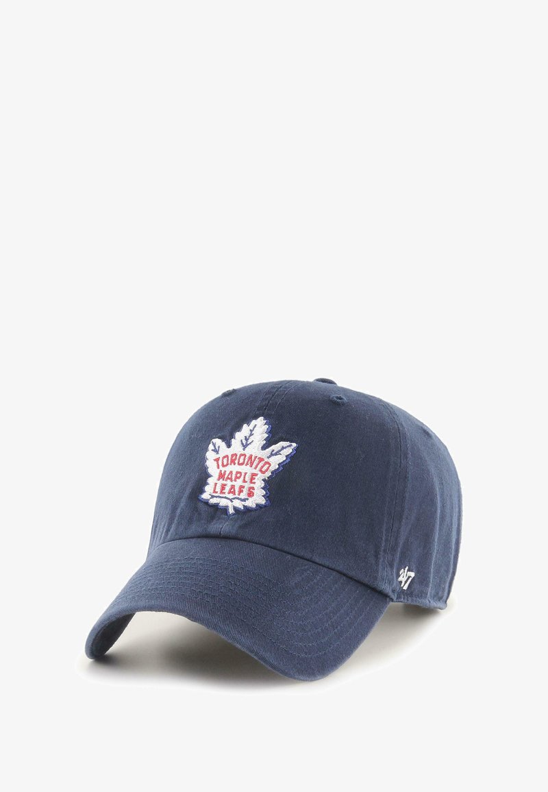 Navy blue cotton cap with a rounded visor and embroidered white and red Toronto Maple Leafs logo featuring a leaf design. Size adjustable strap.