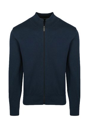 Donkerblauwe gebreide trui met rits, hoge kraag en geribbelde manchetten en zoom.