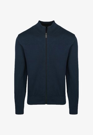 Donkerblauwe gebreide trui met rits, hoge kraag en geribbelde manchetten en zoom.