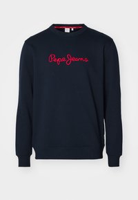 Sudadera azul marino de algodón, con mangas largas, cuello redondo y el logo bordado en rojo "Pepe Jeans" en la parte frontal.