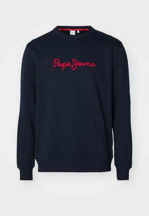 Tumesinine sweatshirt, mis on valmistatud puuvillast, pikal varrukal, ümar kaelus ja esiküljel punane broderitud "Pepe Jeans" logo.