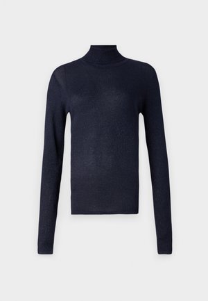 Navy turtleneck sweater with long sleeves, ribbed texture, and slight shimmer. Fitted design, soft fabric, and no visible hardware or accents.