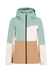 Multikleurige jas met een capuchon, voorzien van een winddicht ontwerp in licht teal, crème en bruin, met een ritssluiting aan de voorkant en verstelbare manchetten.