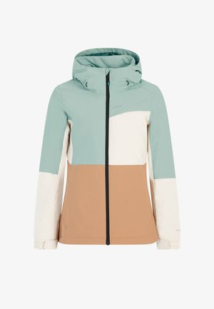 Multikleurige jas met een capuchon, voorzien van een winddicht ontwerp in licht teal, crème en bruin, met een ritssluiting aan de voorkant en verstelbare manchetten.