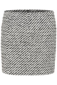 Mustavalkoinen tweed-minihelma, jossa on vino raidoituskuvio, takana vetoketju ja teksturoitu kangas.