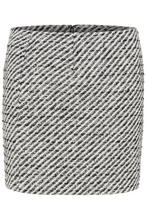 Black and white tweed mini skirt with a diagonal striped pattern, featuring a back zipper and textured fabric.