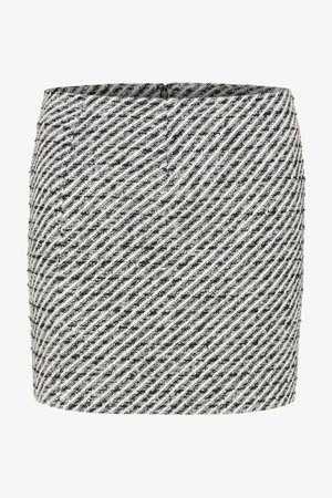 Mustavalkoinen tweed-minihelma, jossa on vino raidoituskuvio, takana vetoketju ja teksturoitu kangas.