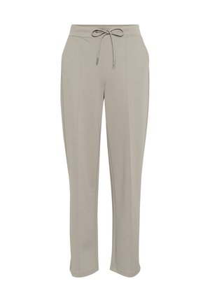 Pantalons de survêtement gris clair, fuselés, avec taille à cordon, deux poches latérales et tissu texturé avec une finition lisse.
