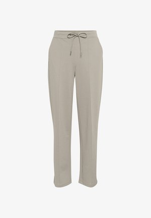 Jasnoszare, zwężane spodnie dresowe z wiązaniem w talii, dwoma bocznymi kieszeniami i teksturowanym materiałem o gładkim wykończeniu.