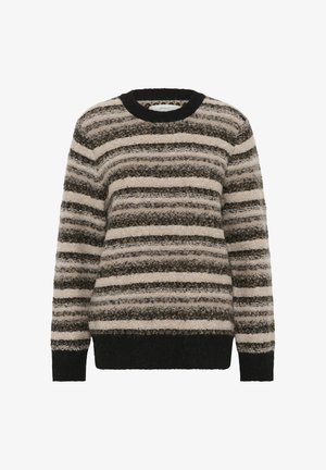 Gestreifter Pullover aus weichem, strukturiertem Stoff. Verfügt über abwechselnde Streifen in Creme, Taupe und Dunkelgrau, mit einem schwarzen, gerippten Ausschnitt und Bündchen.