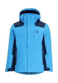 Blau wasserfeste Jacke mit hohem Kragen, Kapuze, marinefarbenen Akzenten, zwei Reißverschlusstaschen und Spinnen-Logo auf der Brust. Glatte Textur.