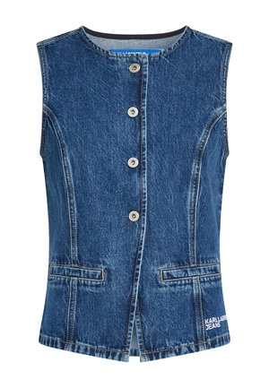 Veste en denim bleu sans manches avec boutons métalliques sur le devant, deux poches fendues à l'avant, et logo blanc "Karl Lagerfeld Jeans" en bas à droite.