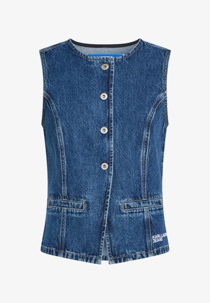 Varrukateta sinine teksavest esimesel metallist kinnitusega, kaks esist piluga taskut ja alumisel paremal valge "Karl Lagerfeld Jeans" logo.