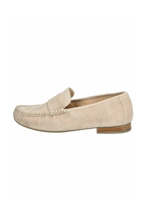 Beige suede loafers with a rounded toe and decorative stitching detail. Low wooden heel and smooth interior lining. Classic design.
