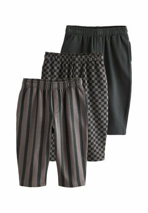 Three pairs of shorts: one solid dark gray, one checkered in gray and black, and one striped in gray and green, featuring elastic waistbands.
