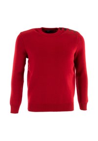 Maglione rosso a maglia con scollatura rotonda, polsini e orlo a coste. Presenta bottoni neri sulla spalla. Tessuto liscio, forma aderente.