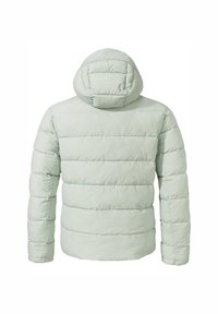 Hellgrüne gepolsterte Jacke mit Kapuze, ausgestattet mit horizontal gesteppten Paneelen und einer glatten Textur. Die Rückansicht zeigt keine sichtbaren Beschläge.