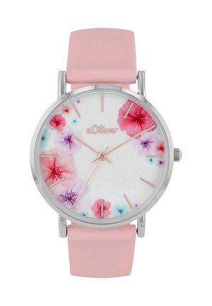Rond horloge met een witte wijzerplaat met roze en paarse bloemenpatronen, zilveren uurmarkeringen en een zachte roze siliconen band.