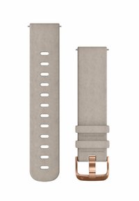Bracelet de montre en cuir beige avec plusieurs trous d'ajustement, doté d'une boucle en métal doré rose. Texture lisse, design moderne.