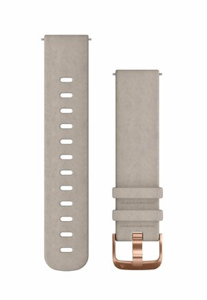 Bracelet de montre en cuir beige avec plusieurs trous d'ajustement, doté d'une boucle en métal doré rose. Texture lisse, design moderne.