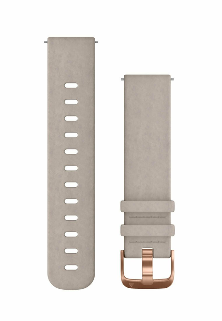 Bracelet de montre en cuir beige avec plusieurs trous d'ajustement, doté d'une boucle en métal doré rose. Texture lisse, design moderne.
