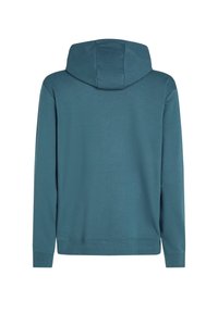 Kapucňová mikina v odtieni teal, vyrobená z jemnej tkaniny. Má dlhé rukávy, voľný strih a rebrované manžety a lem. Hladká textúra bez vzorov.