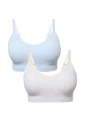 To amme-bh'er med bløde skåle, en lyseblå ribbet og en lysegrå med blondekant, begge med justerbare stropper og uden bøjle.
