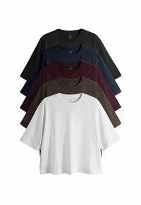 Zestaw pięciu koszulek z krótkim rękawem w kolorze białym, ciemnoszarym, granatowym, bordowym i brązowym. Wykonane z miękkiej bawełny, z okrągłym dekoltem i luźnym krojem.