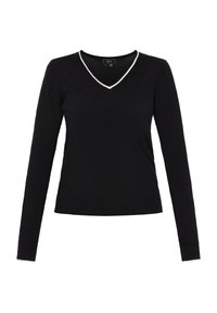 Pulover negru cu mâneci lungi, decolteu în V și margine albă la gât și tiv. Fabricat dintr-un material moale, cu un design ajustat.