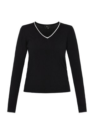 Czarny sweter z długim rękawem, z dekoltem w serek i białym wykończeniem wzdłuż dekoltu oraz hemu. Wykonany z miękkiego materiału o dopasowanym kroju.