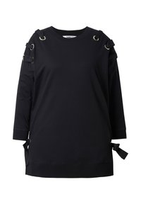 Černá mikina s dlouhými rukávy, stříbrné průchodky, šňůrky na ramenou a spodním lemu, s volným střihem.