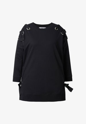 Czarna bluza z długimi rękawami, ozdobiona srebrnymi oczkami, wiązana na ramionach i u dołu, z luźnym krojem.