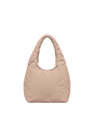 Sac cabas beige rembourré avec une poignée supérieure arrondie et un logo discret embossé au centre avant.