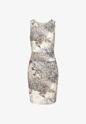 Ärmelloses Kleid mit Blumenmuster und Rundhalsausschnitt, das große Chrysanthemen-Designs in Pink, Grau und Grün auf einem hellen Hintergrund zeigt.