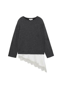 Mørkegrå langærmet sweater med tilhæftet asymmetrisk hvidt stoflag med blondenederdel.