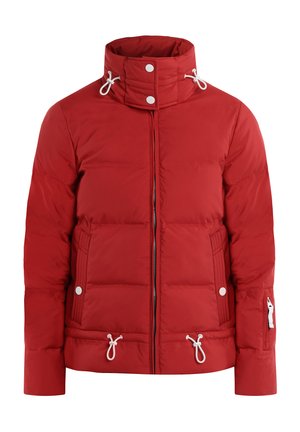 Red puffer jacket with a high collar, zip closure, and adjustable drawstrings. Features side pockets and white hardware accents.
