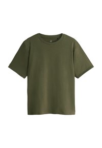 Ein einfarbiges olivgrünes Kurzarm-Unisex-Baumwoll-T-Shirt mit Rundhalsausschnitt, auf weißem Hintergrund präsentiert.