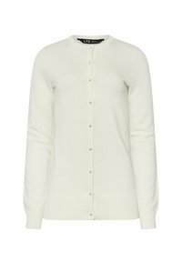 Krämfärgad cardigan med långa ärmar, rund hals och framknäppning med små pärlliknande knappar längs placket.