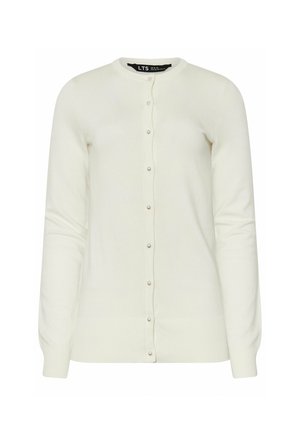 Cremefarvet cardigan med lange ærmer, rund hals og knaplukning foran med små perle-lignende knapper langs stolpen.