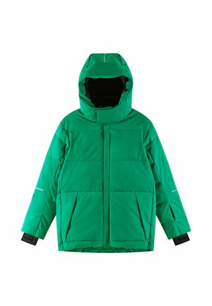 Green insulated jacket with a hood, featuring a quilted design, front zipper closure, two large pockets, and black sleeve cuffs.