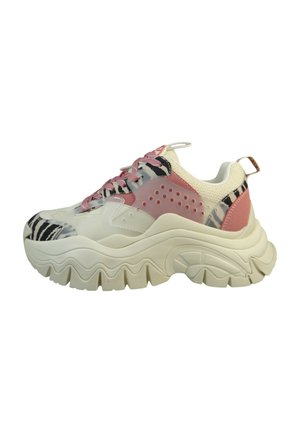 White chunky sneakers with pink accents, transparent sections, and a zebra pattern on the toe. Features textured sole for grip.
