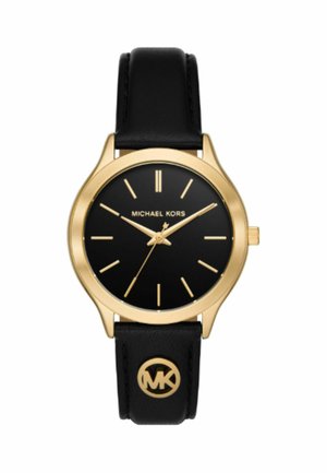 Schwarze analoge Uhr mit einem Gehäuse aus vergoldetem Edelstahl, minimalistischem schwarzen Zifferblatt, goldenen Stundenmarkierungen und einem schwarzen Lederarmband mit Logo.