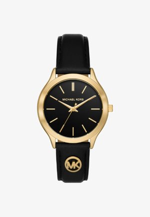 Schwarze analoge Uhr mit einem Gehäuse aus vergoldetem Edelstahl, minimalistischem schwarzen Zifferblatt, goldenen Stundenmarkierungen und einem schwarzen Lederarmband mit Logo.