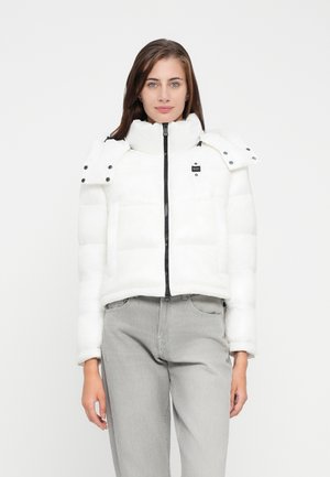White puffer jacket with a high collar, zip closure, and snap-button accents on the shoulders. Smooth texture and cropped design.