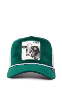 Green velvet cap with a white mesh back; features a cow graphic bordered by rhinestones and the text "CASH" above. Silver rope accent at brim.