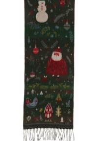 Écharpe vert foncé avec des motifs festifs comprenant le Père Noël, un bonhomme de neige, des ornements, du houx, un oiseau, une maison, des arbres, des étoiles, et des bords frangés.
